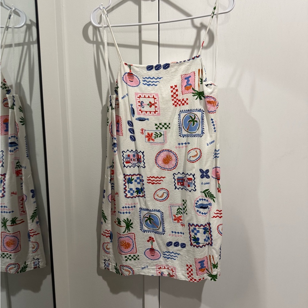 Monteau White Printed Spaghetti Strap Dress with Multicolor Motifs